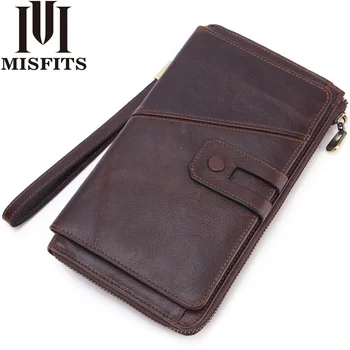 

MISFITS Genuine Leather Men Wallet Clutch Vintage Cell Phone Bag Organizer Card Golder Long Zipper Coin Purse Male Money Bag