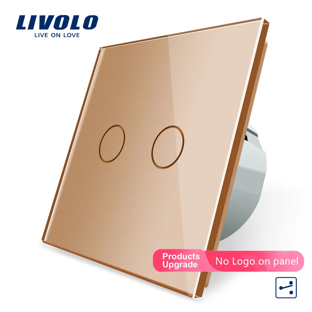 Gold-No logo Livolo ЕС Стандартный сенсорный выключатель, 2 банды 2Way управления, 7 цветов Хрустальная стеклянная панель, настенный светильник переключатель, 220-250 В, C702S-1/2/3/5 - Цвет: Gold-No logo