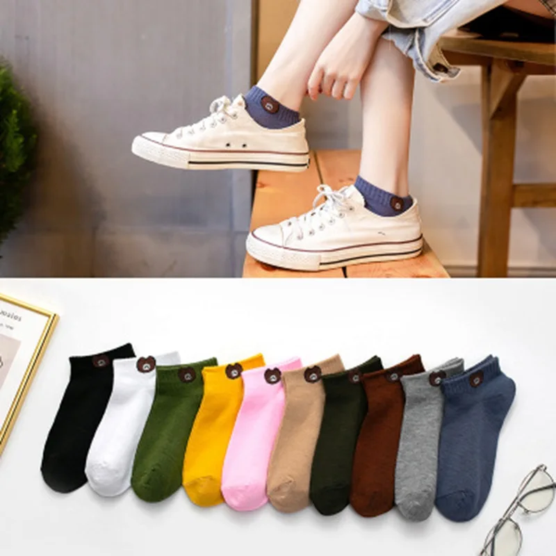 

10 Pairs Little Bear Women Socks Short Breathable Jacquard Summer Lady Sports Pure Cotton Japanese Cartoon Cute Ankle Socks