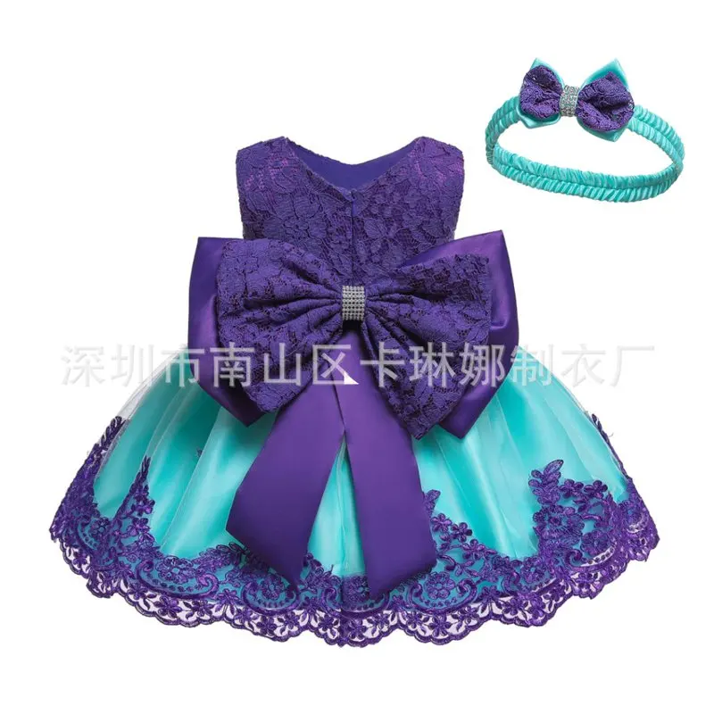 Г. Кружевное платье принцессы с бантом для девочек; Детские платья для девочек; рождественское платье на Хэллоуин с повязкой на голову - Цвет: purple and blue