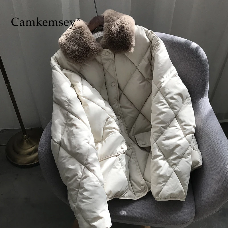 

CamKemsey Warm Faux Fur Collar Winter Coats Women Casual Solid Diamond Plaid Thick Down Cotton Padded Winter Jackets Coats