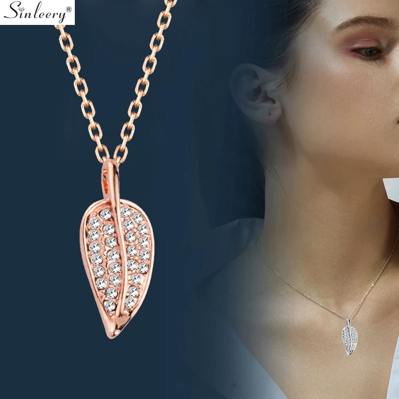 

SINLEERY Delicate Leaf Choker Necklace Rose Gold Silver Color Chain Full Cubic Zirconia Pendant Necklace Women Jewelry XL375 SSD