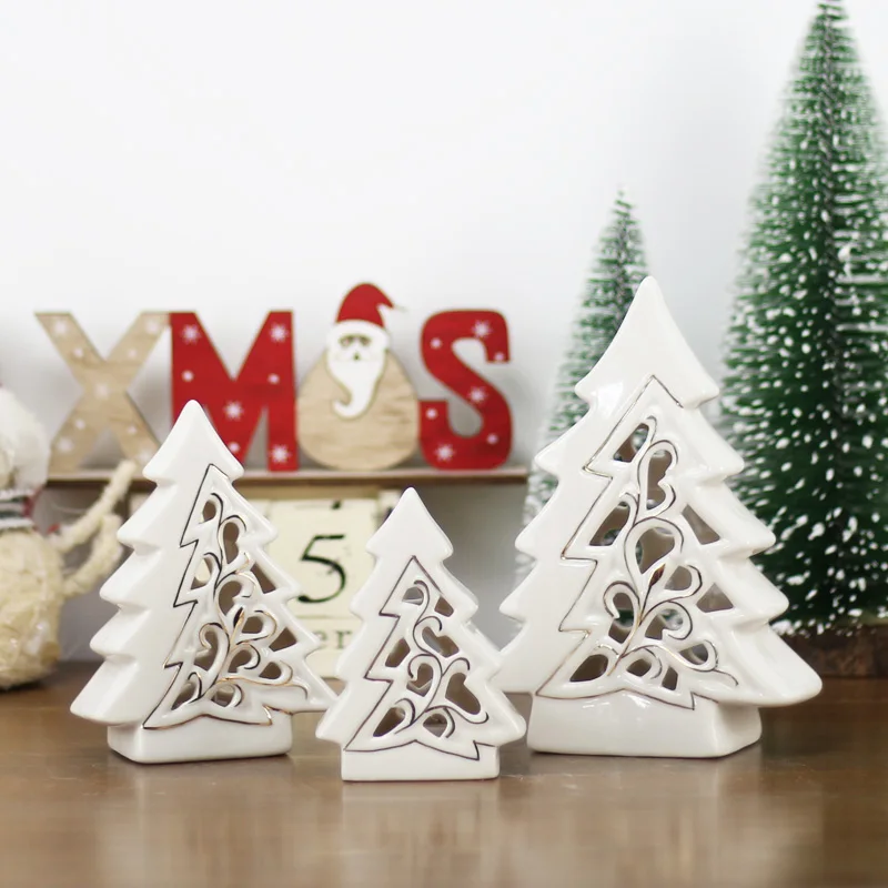 

Nordic Ceramic Designed Christmas Tree Hollow Gold Plating Streak Porcelain LED Lighting Tree Figurine Christmas Home Decoration