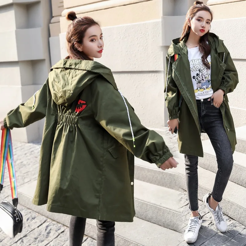 Armygreen Женский Длинный плащ с капюшоном, весна-осень, Новинка Harajuku BF, Тонкая Повседневная Свободная ветровка, женская одежда, верхняя одежда, куртка - Цвет: Armygreen