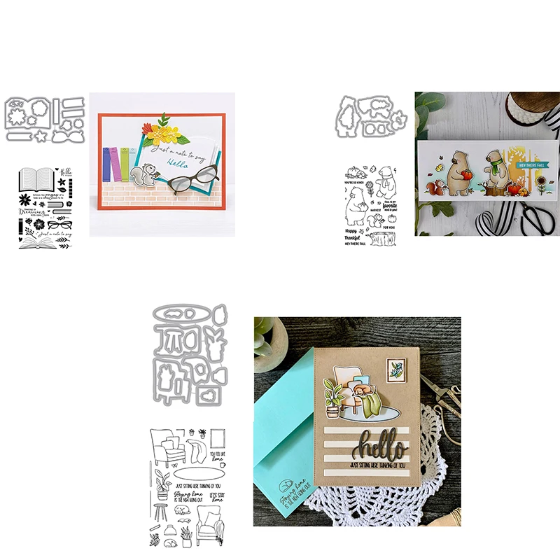 

2pcs/set Stamps & Dies Combos Brochure Spectacles Couch Blanket Potted Plant Stump Pumpkin Bears DIY Craft Scrapbooking Project
