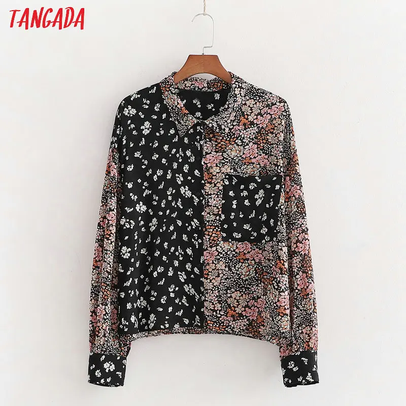 

Tangada women retro floral patchwork blouse pocket long sleeve chic female casual loose shirt blusas femininas 1D162