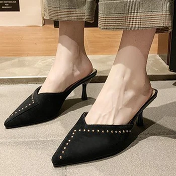 

2020 Women Thin Heels Slippers Woman Flock Female Spring Women's Shoes Footwear Women's Pointed Toe Elegant Slides