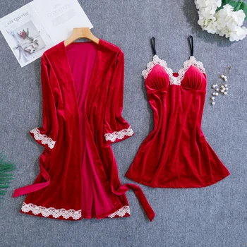 

Robe Autumn winter Sleepwear with chest pads female gold velvet strap bathrobe set can be worn outside Korean sexy home service