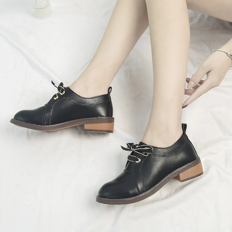 

2019 Lace Up Leather Oxfords Women Shoes Female Loafers Flats Square Heels Plus Size Shoes Woman Ladies Shoes Zapatos De Mujer
