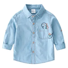 Детские рубашки с отложным воротником для мальчиков хлопковые джинсы школьные блузки с длинными рукавами и динозавром, одежда для детей 2, 3, 4, 5, 6 лет