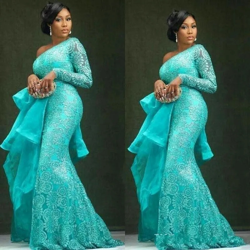 Aso Ebi размера плюс вечерние платья Пеплум одно плечо Русалка Кружева Выпускные платья африканские Дубай Вечерние платья вечернее платье