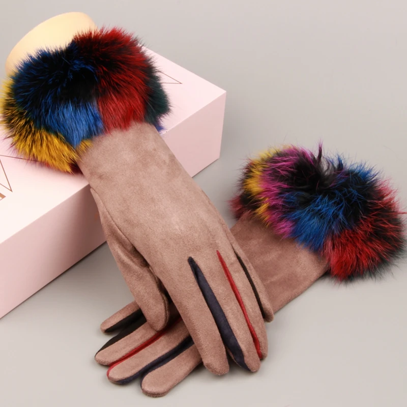 Элегантные женские перчатки роскошные меховые перчатки с сенсорным экраном Зимние Замшевые Кожаные теплые варежки женские уличные перчатки для вождения luvas - Цвет: Хаки