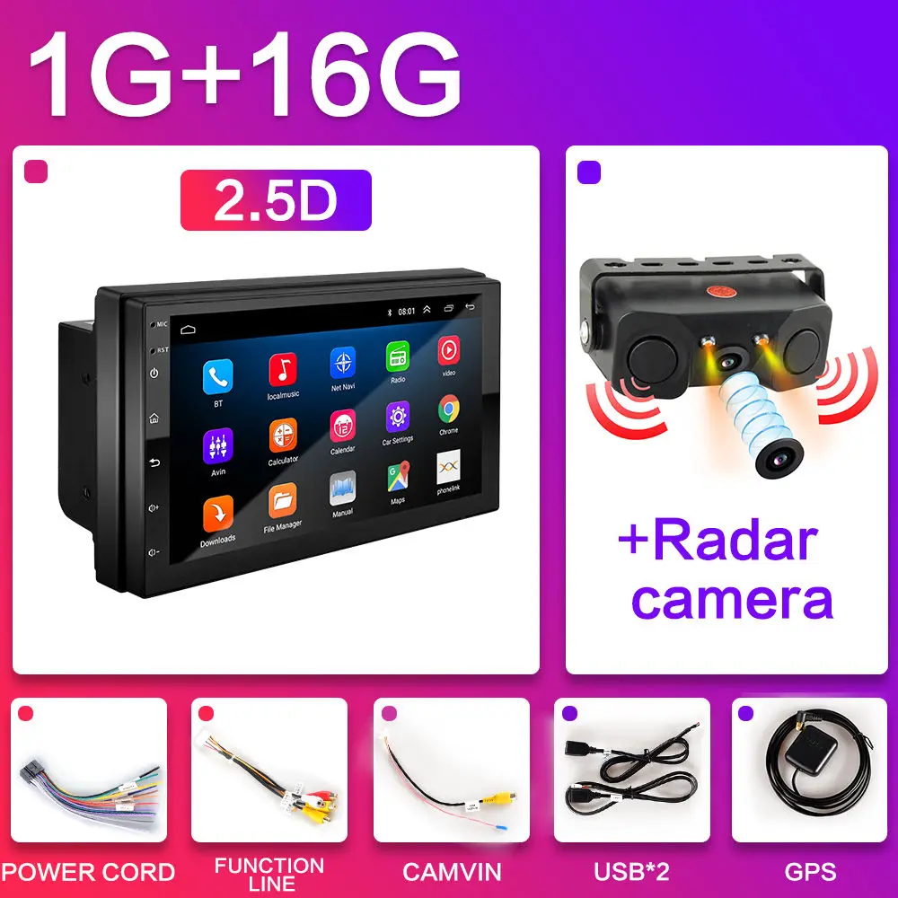 2.5D Android 8,1 Универсальный 2 din " автомобильный навигатор gps Радио автомобильный Радио Навигация Мультимедиа стерео плеер для Toyota Nissan 2DIN - Цвет: 1G-Radar camera