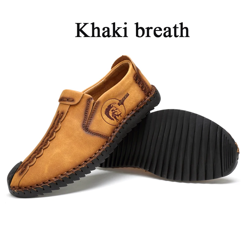 Повседневная обувь из натуральной кожи на меху; популярная Зимняя мужская обувь; мягкие мужские мокасины на плоской подошве размера плюс 38-48; качественные мокасины ручной работы для взрослых - Цвет: Khaki  breath