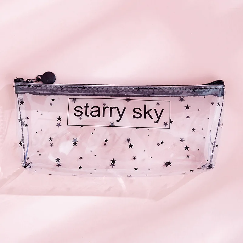 04 Starry Sky Корейский прозрачный пенал для карандашей с надписью, простой креативный студенческий пенал на молнии, сумка для канцелярских принадлежностей в форме сердца, переносные сумки для хранения инструментов - Цвет: 04 Starry Sky