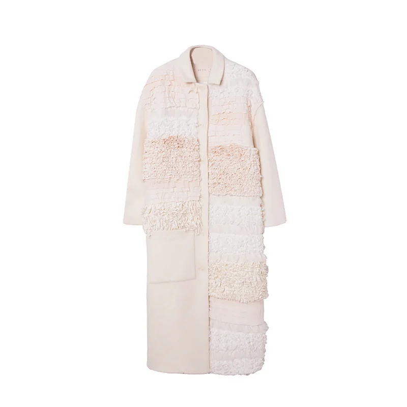 Original Design Autumn Winter Women Elegant Casual Loose Coat Delicate Folds Tassel Thick Warm Rice White 100%Wool Long Jacket