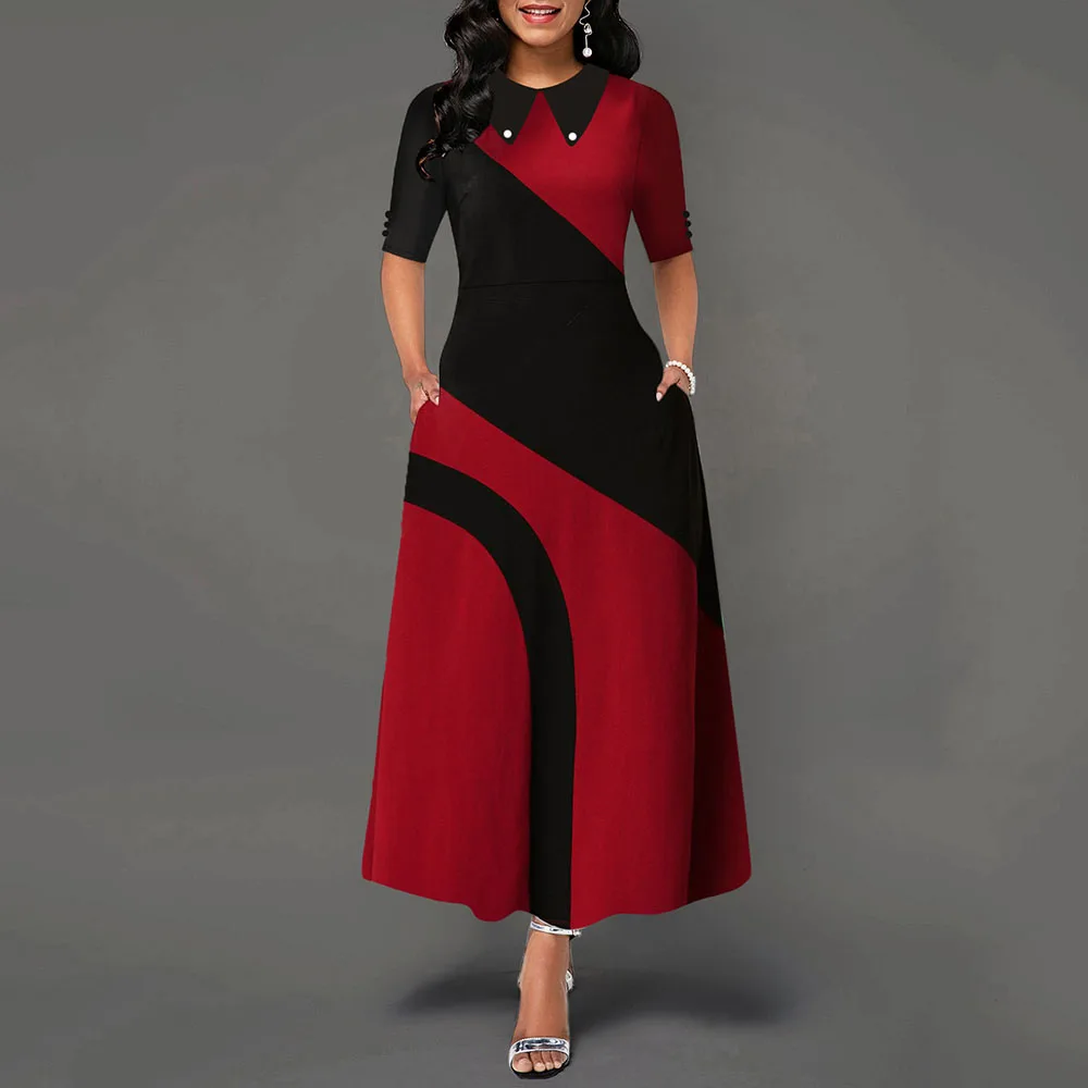 

A Line Color Block Office Long Dress Elegant Women Lapel Collar Half Sleeve African Ladies Autumn Party Dresses Female Summe