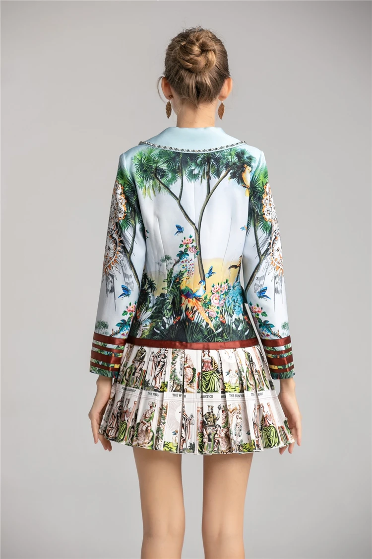 Truevoker Autumn Designer Pleated Dresses Ladies' High Street Full Sleeves Vintage Ethnic Printed Resort Vestidos