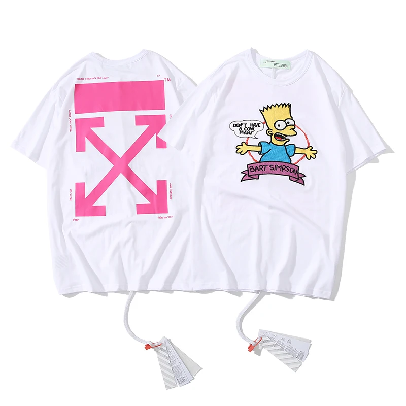 Вышивка Симпсон 19ss Off-White OW для мужчин/женщин унисекс модные парные модели влюбленных хлопок Повседневная футболка с коротким рукавом с круглым вырезом