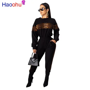 

Leopard Patchwork Casual Two Piece Tracksuit Women's Set O Neck Full Sleeve Top And Pocket Fitness Pant Autumn Plus Size Outfit