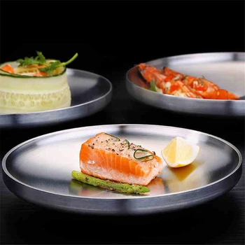 

Stainless Steel Dinner Plates Kitchen Serving Dishes Salad Shape Round Plate Cake Dessert Solid Tray Western Steak Round Tray