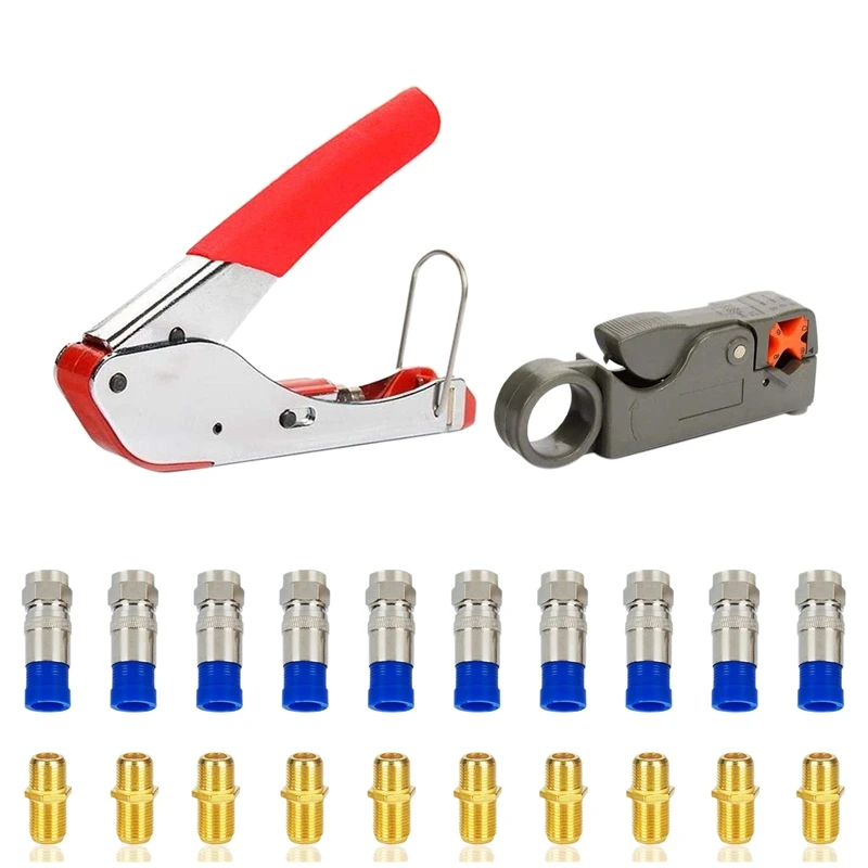 

22 Pcs Coax Crimper Coaxial Compression Stripping Tool Set with 10Pcs F Compression Connector(Rg6 Rg59) and 10Pcs Gold Plated
