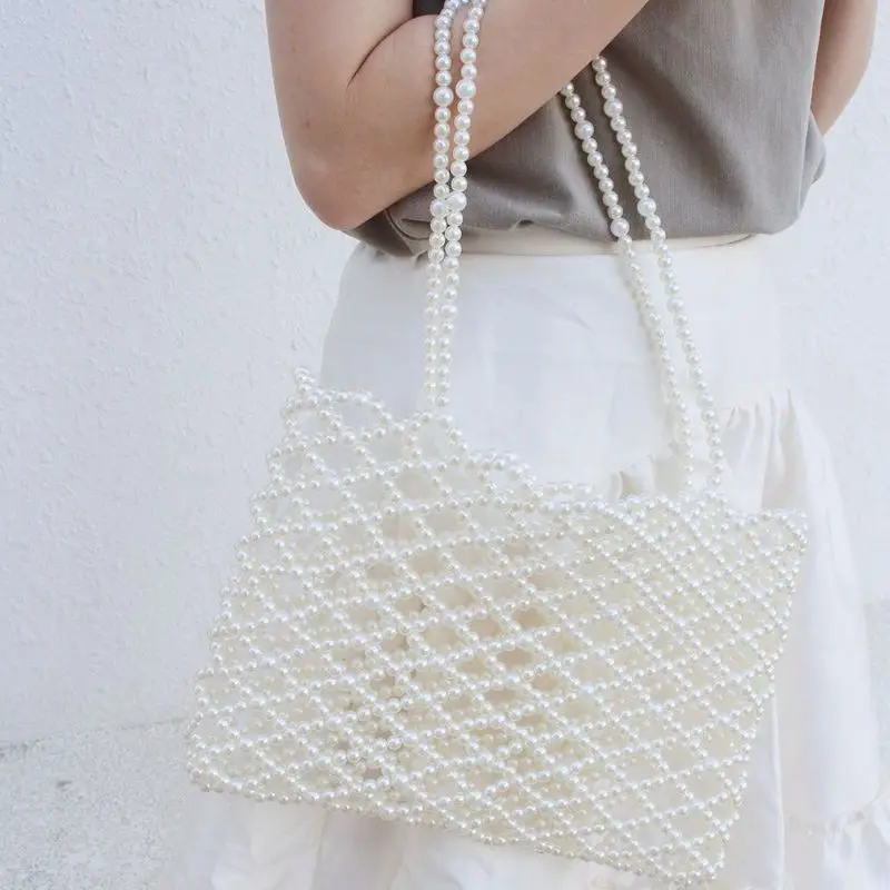 

Vintage Stylemade Hollow Weave Handbag White Pearl Handmade Beaded Bag a5946