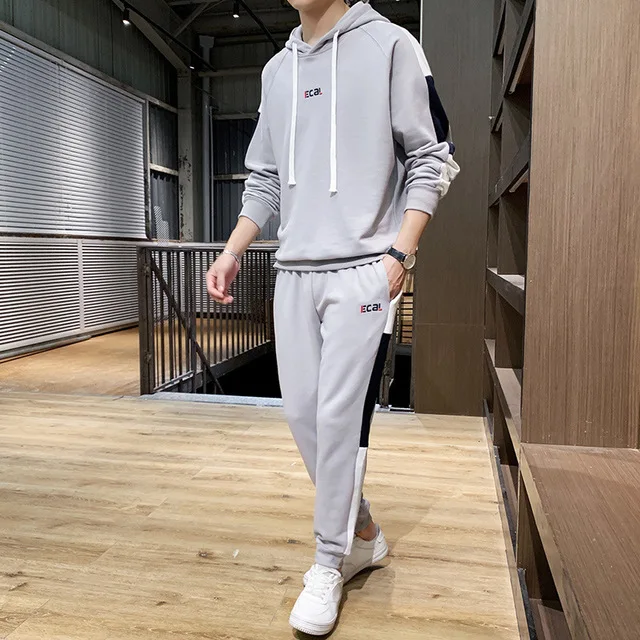 gray Бренд Rlyaeiz, мужской спортивный костюм, осень, повседневная цветная толстовка с рукавом в стиле пэчворк+ штаны, спортивный костюм, одежда, спортивные костюмы - Цвет: gray