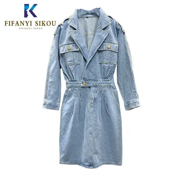 

High quality Denim Dress Women Fashion Notched collar Long sleeve Dress Female Loose Casual Spring Autumn Washed Jeans Dresses