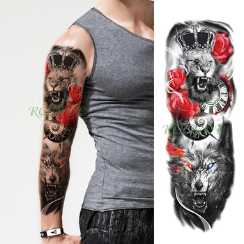 

Waterproof Temporary Tattoo Sticker lion king crown wolf Rome clock full arm fake tatto flash tatoo sleeve tato for men women