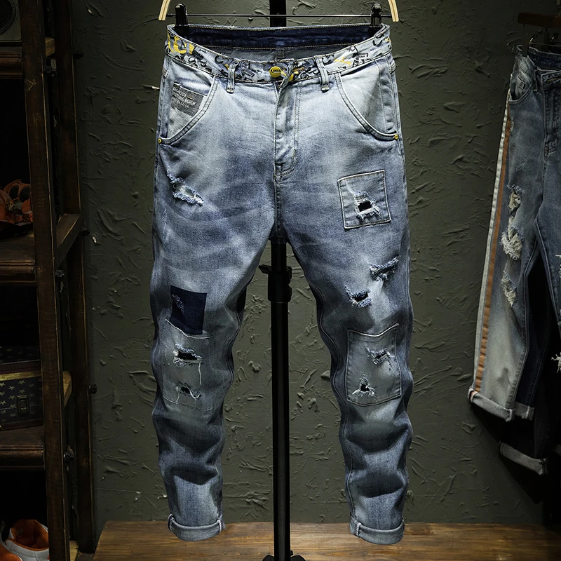 High quality Stretch denim Skinny Jeans men Streetwear Destroyed Ripped Jeans Homme Hip Hop Broken Patch hole Pencil Biker Pants High quality Stretch denim Skinny Jeans men Streetwear Destroyed Ripped Jeans Homme Hip Hop Broken Patch hole Pencil Biker Pants