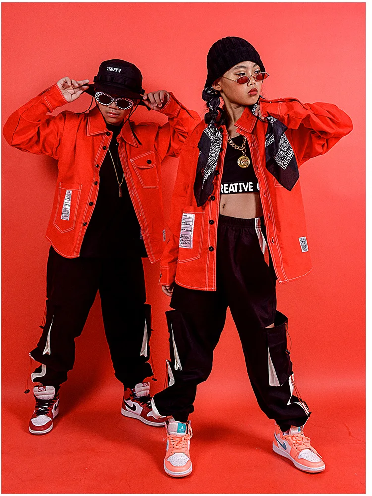 Girls Jazz Modern Dancing Costumes Clothing Suits Kids Children'S Hip Hop Red Shirt Seatpants Outfits Stage Costumes DQS3281