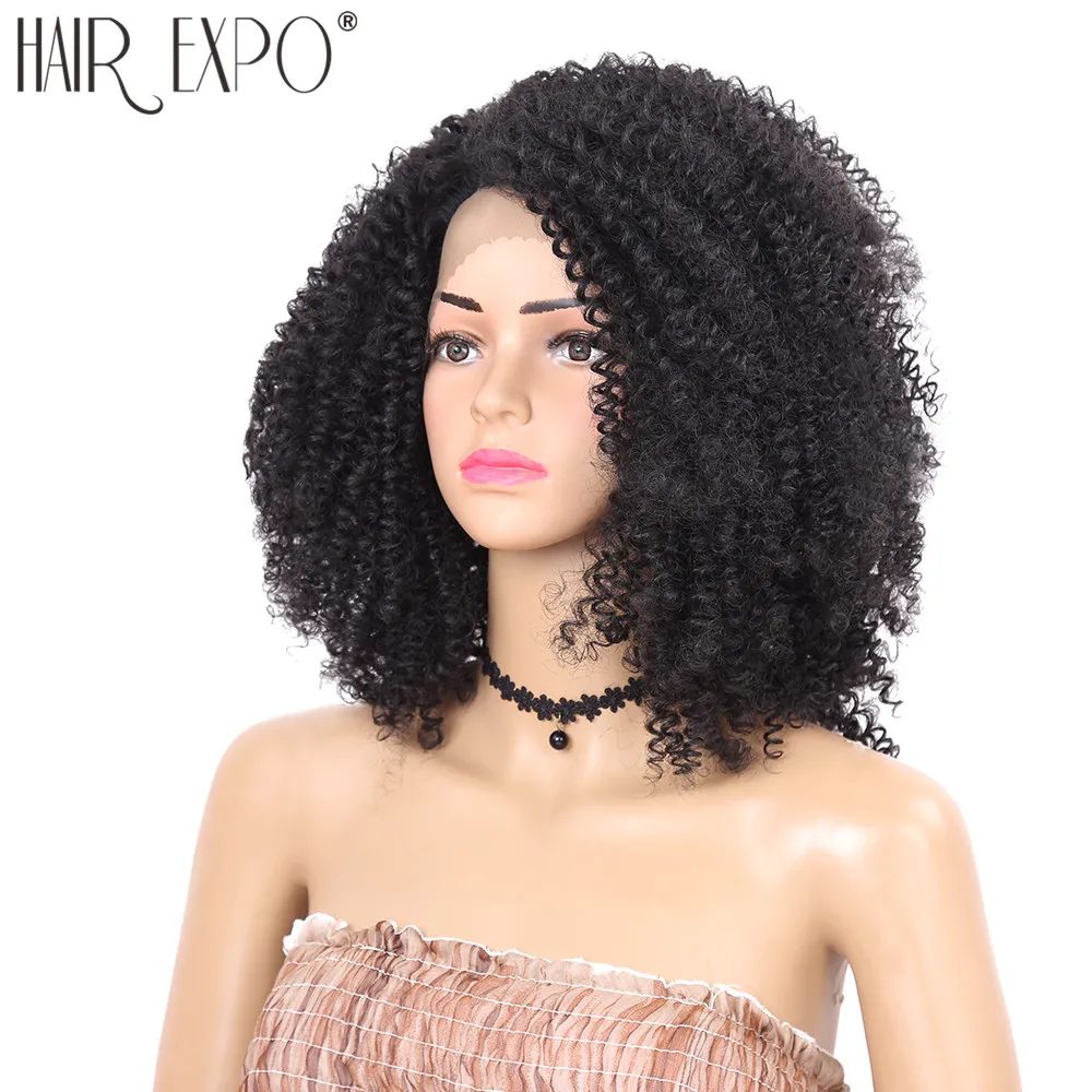 14 дюймов короткие волосы кудрявый синтетический парик фронта шнурка тяжелой плотности афро парики шнурка для черных или белых женщин волос Экспо город
