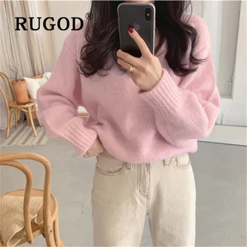 

RUGOD New 2020 Temperament Spring Autumn Sweater Candy Color O-neck Solid Long Sleeved Fluffy Jumpers pullover