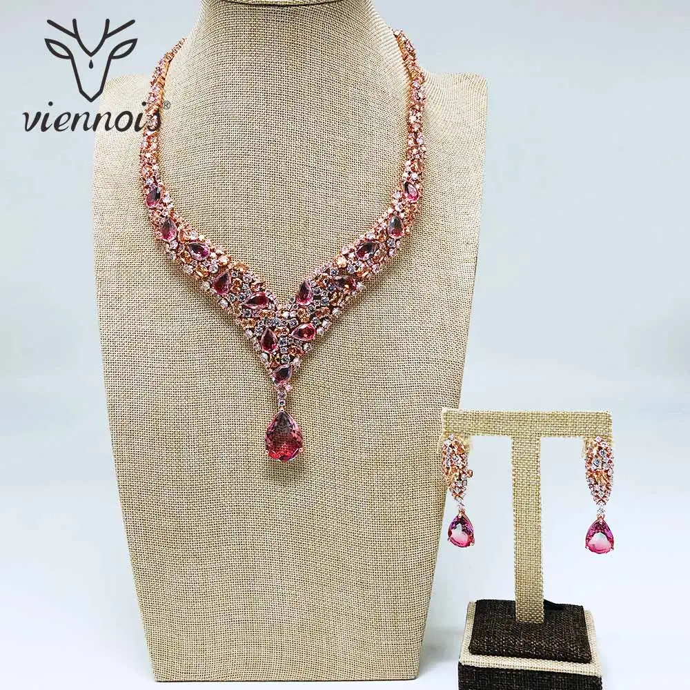 Viennois розовое золото и зеленый и красный цвет Висячие серьги смешанные цвета ожерелье Zricon набор украшений для женщин металлические вечерние ювелирные изделия