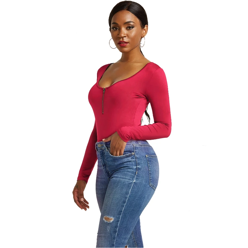 Sexy Deep U Neck Quarter Zip Women Bodycon Bodysuit Y2K Girls Long Sleeve Stretchy Open Stitch Bodysuits for Women Plus Size