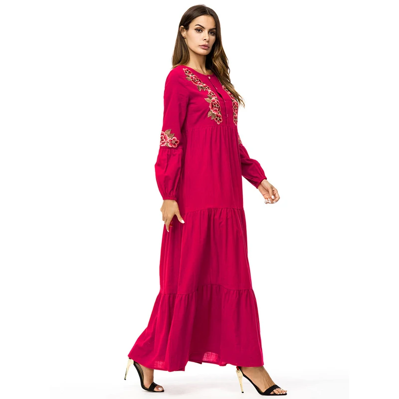 

Women Long Sleeve Red flower Embroidery Muslim Abaya turkish kaftan Dubai Casual Loose elegant ladies Maxi dress