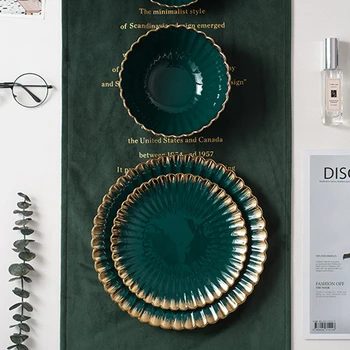 

European-style emerald Phnom Penh chrysanthemum plate bowl retro ceramic plate tableware steak plate soup bowl salad bowl