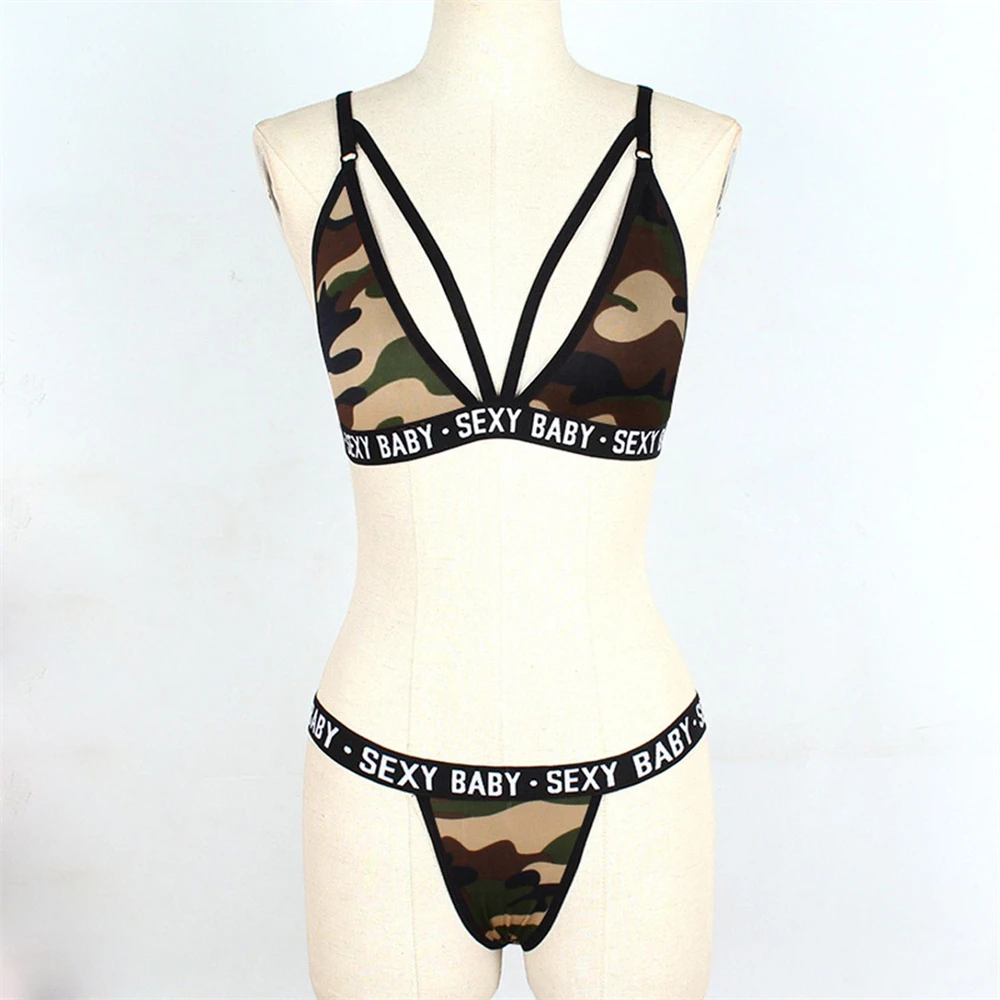 white underwear set Sensual Lingerie Thongs Woman Camouflage G-String Push Up Bra Tops Panties Underwear Set Letter Leopard Print Intimates Outfits black lace underwear set