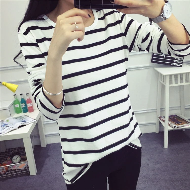 

Round Neck Striped Tee Shirt Women Girl Autumn Clothes Long Sleeve Basic Korea Style Tops Camiseta Feminina Rz*