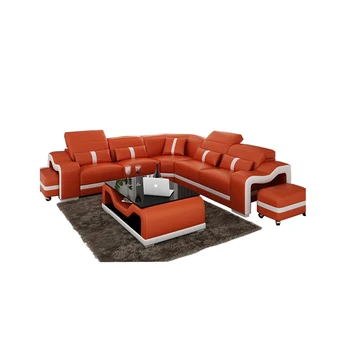 Conjunto de sofá de cuero auténtico en forma de L para sala de estar, mesa de centro de café