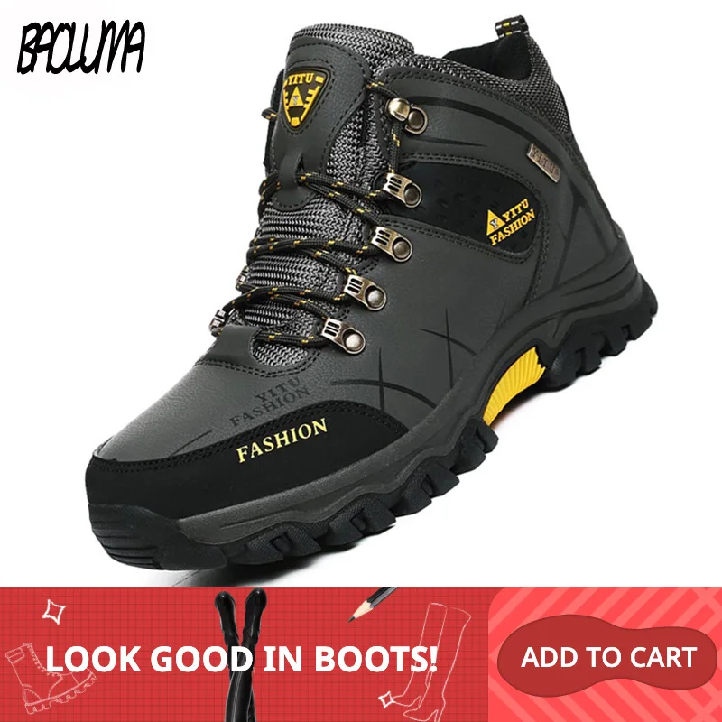 Botas de nieve impermeables para hombre, zapatos de invierno de cuero cálida, transpirables, para senderismo y trabajo