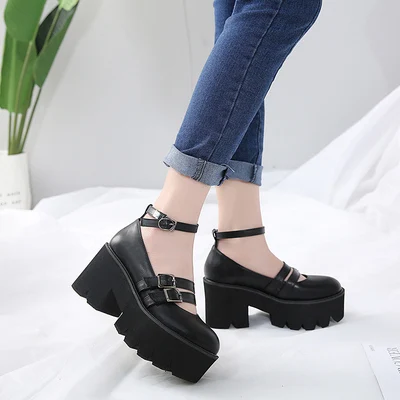 

2019 new Harajuku style was high thin round head shallow mouth muffin bottom thick sole shoes women