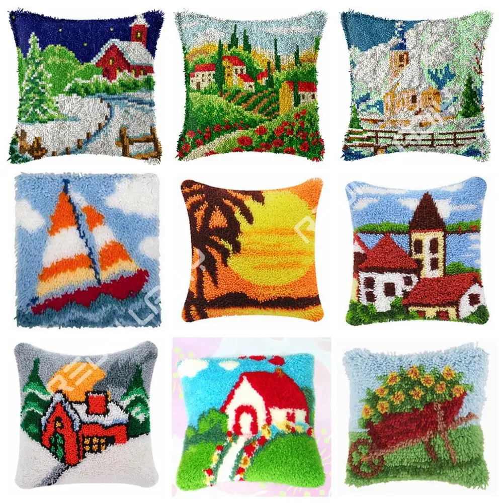 

Latch Hook Kit Landscape Cushion Cover Pre-Printed Color Canvas Crocheting Arts & Crafts Pillow Case Sofa Pillows Home Decor