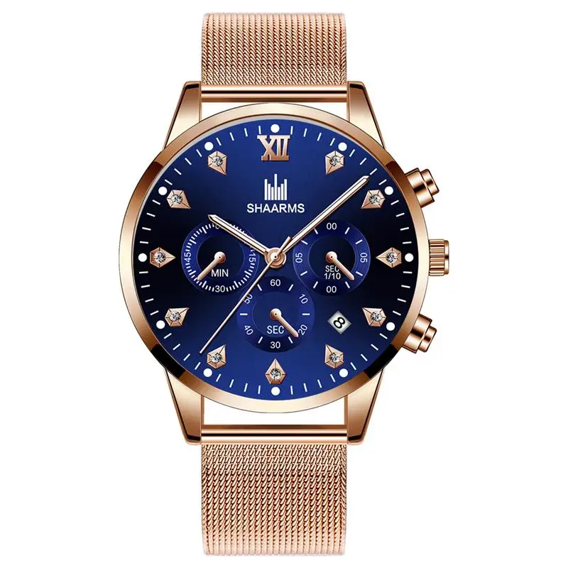 Rose Gold Blue SHAARMS, модные мужские наручные часы, синие, DialCasual, кварцевые часы из нержавеющей стали, сетчатый ремешок, часы с датой, Reloj Hombre - Цвет: Rose Gold Blue