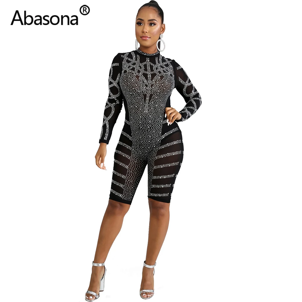 Черный Abasona, осень, для женщин, зима, длинный рукав, бриллианты, стразы, Ретро стиль, сексуальный, бодикон, прозрачная сетка, обтягивающие, вечерние, для ночного клуба, комбинезоны - Цвет: Черный
