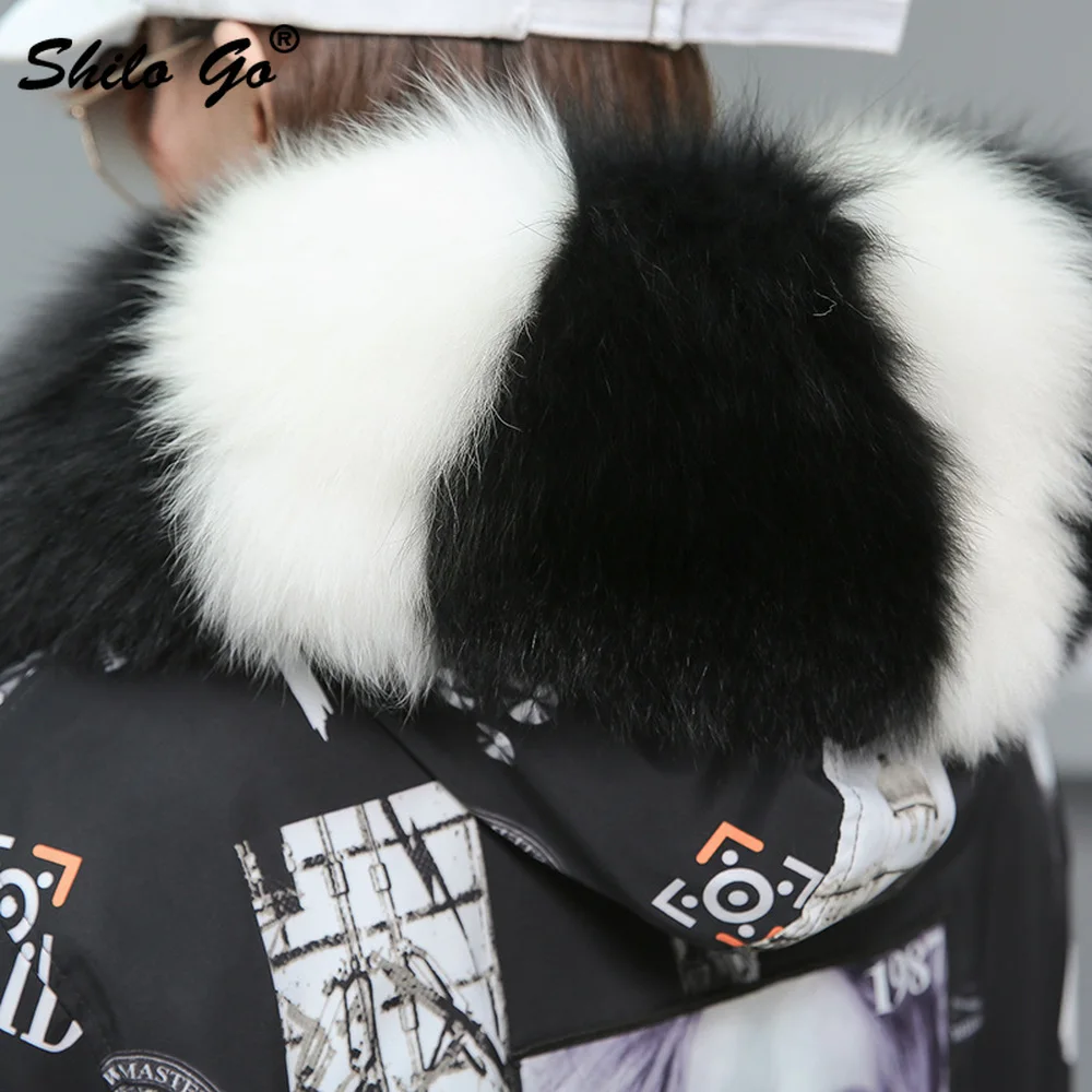 Fur Parkas Highstreet Allover Printed Real Fox Fur Collar Hooded Rabbit Fur Lining Long Coat Women Winter Casual Plus Outwear