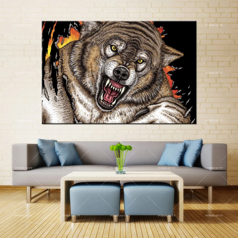 Forbeauty холст живопись настенное искусство Wolf_grin_predator Спрей Печать