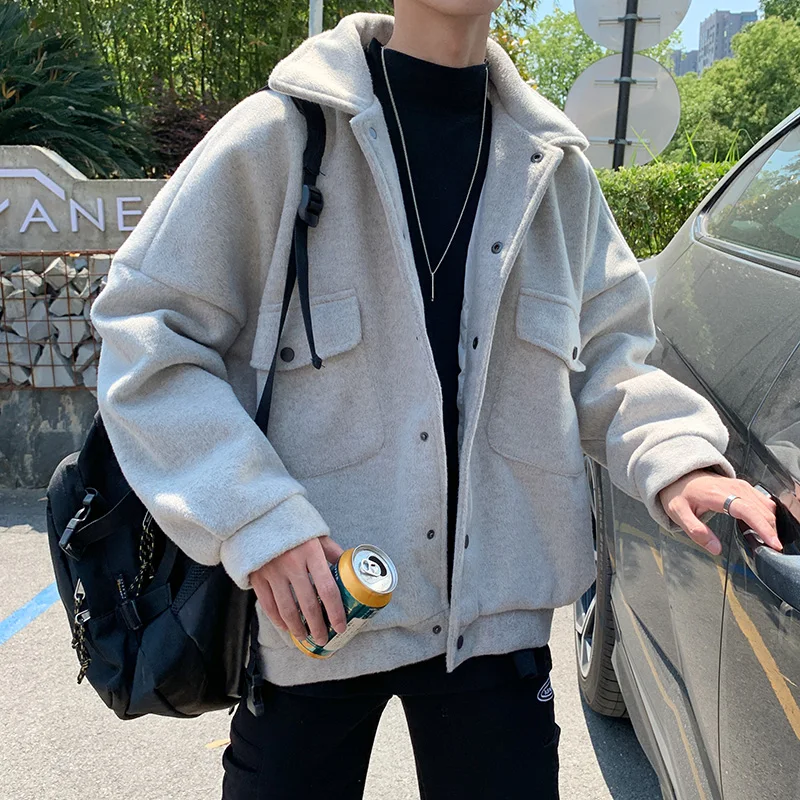 Winter Thick Shorts Woolen Coat Men's Warm Fashion Solid Color Casual Woolen Jacket Men Streetwear Loose Korean Woolen Coat Mens Winter Thick Shorts Woolen Coat Men's Warm Fashion Solid Color Casual Woolen Jacket Men Streetwear Loose Korean Woolen Coat Mens