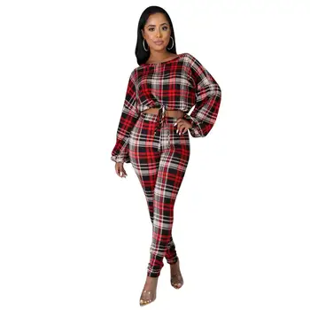 

Women Clothes Casual 2 Piece Sets Houndstooth Long Sleeve Blouse Printed Pants Ropa Casual Mujer Womens Two Piece Set Clothing